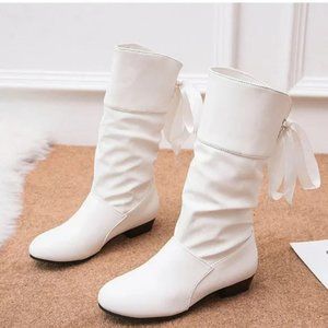 New Womens Boots Sz 8 White Back Lace Up Low-Heeled Block Shoe Mid Calf Classic